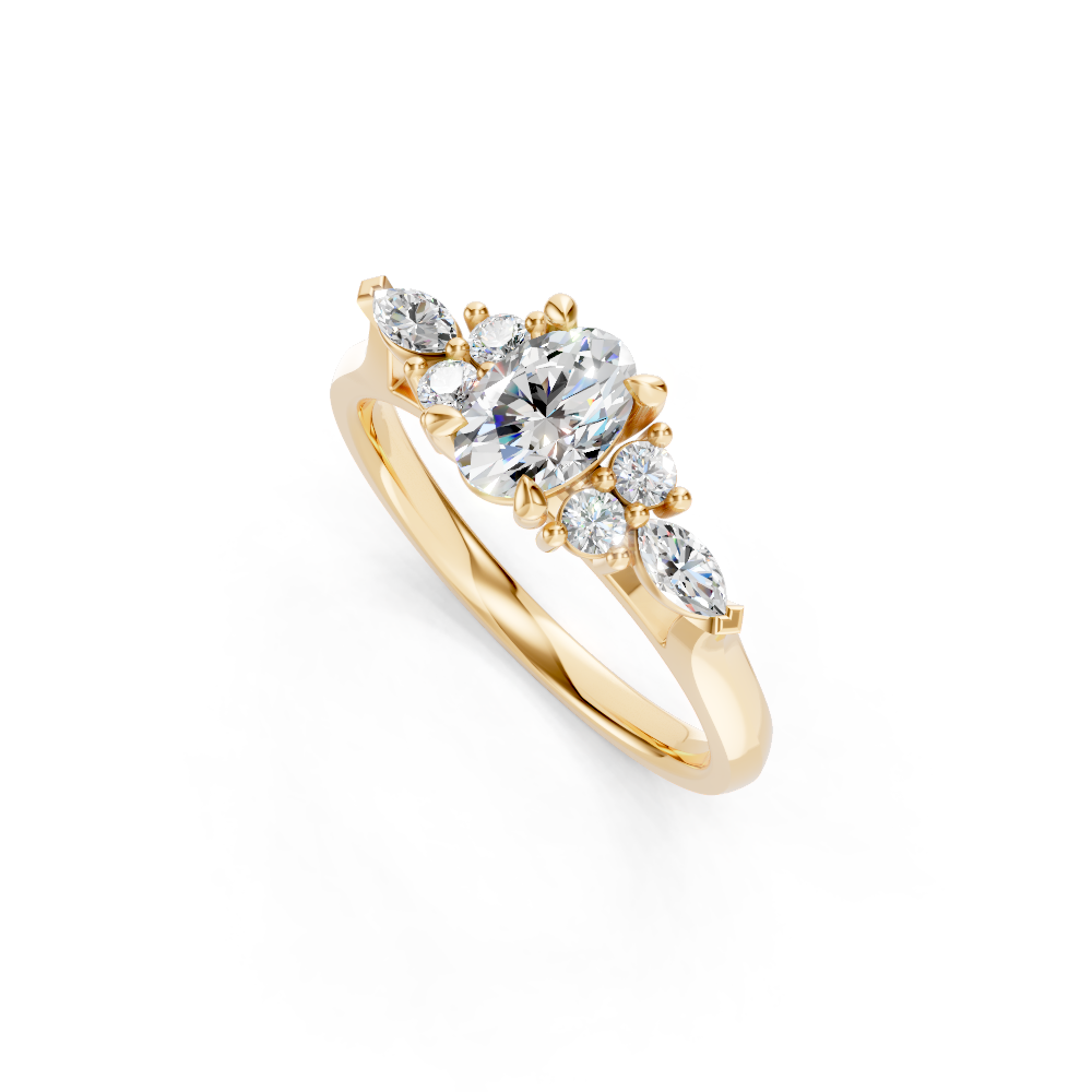 9ct Yellow Gold Ring set with Oval, Round Brilliant & Marquise cut Diamonds