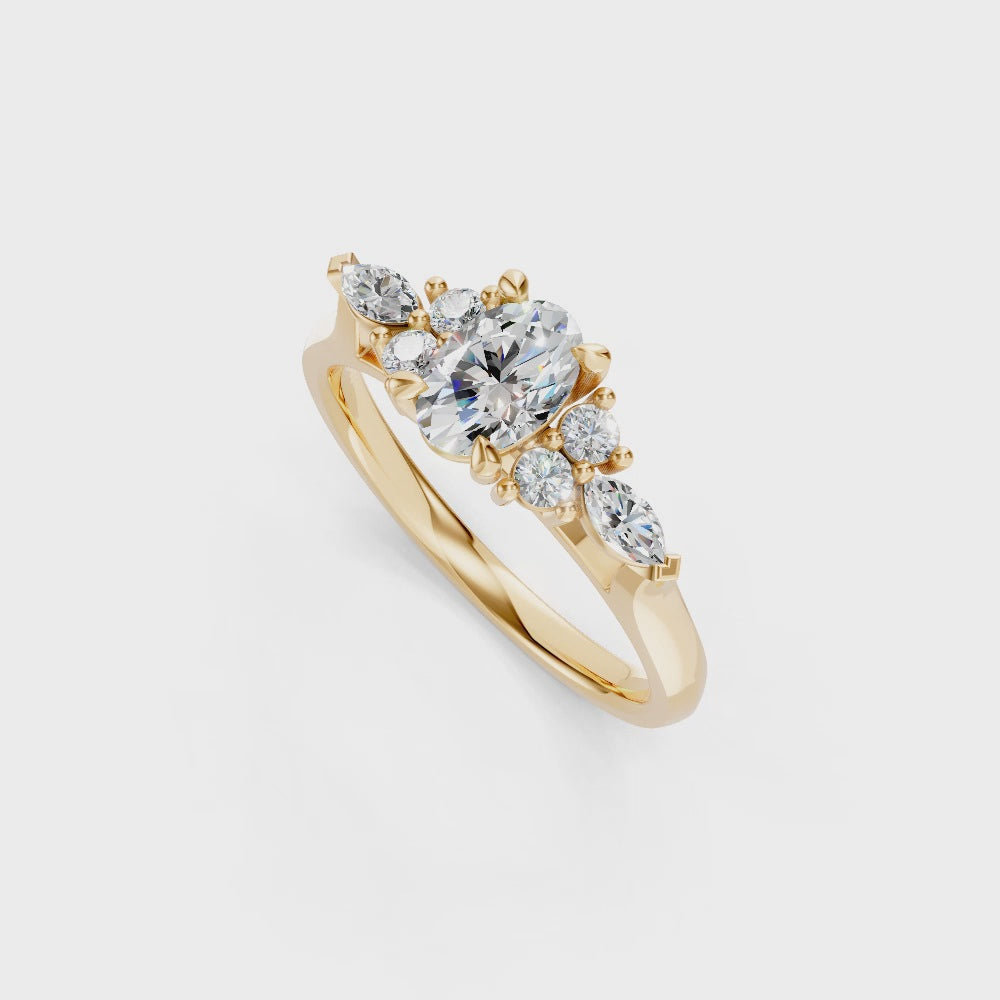 9ct Yellow Gold Ring set with Oval, Round Brilliant & Marquise cut Diamonds